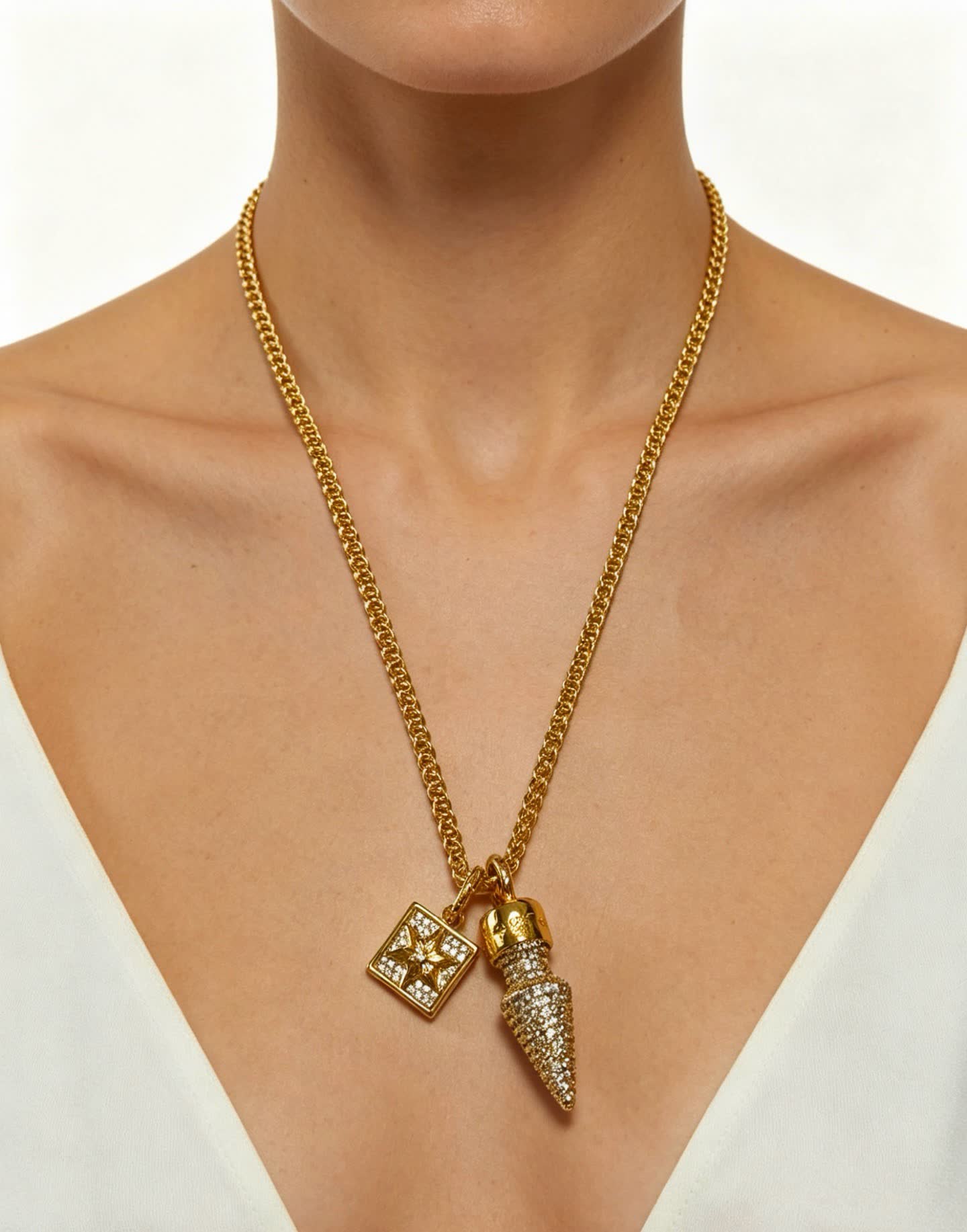 Chrome Hearts Gold Plated Diamond-Studded Necklace with Star and Spike Pendant